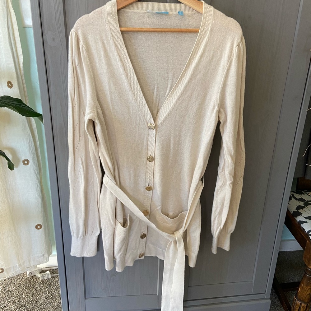 Cream Button-Up Cardigan with Belt